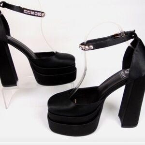 Theshy Black Satin Platform Chunky High Block Heels Crystal Ankle Strap 7.5